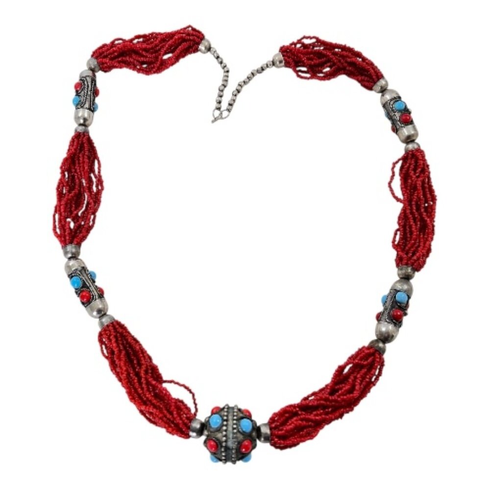 VTG Multi-strand Coral/ Turquoise Colored Statement Necklace with Tibetan Silver
